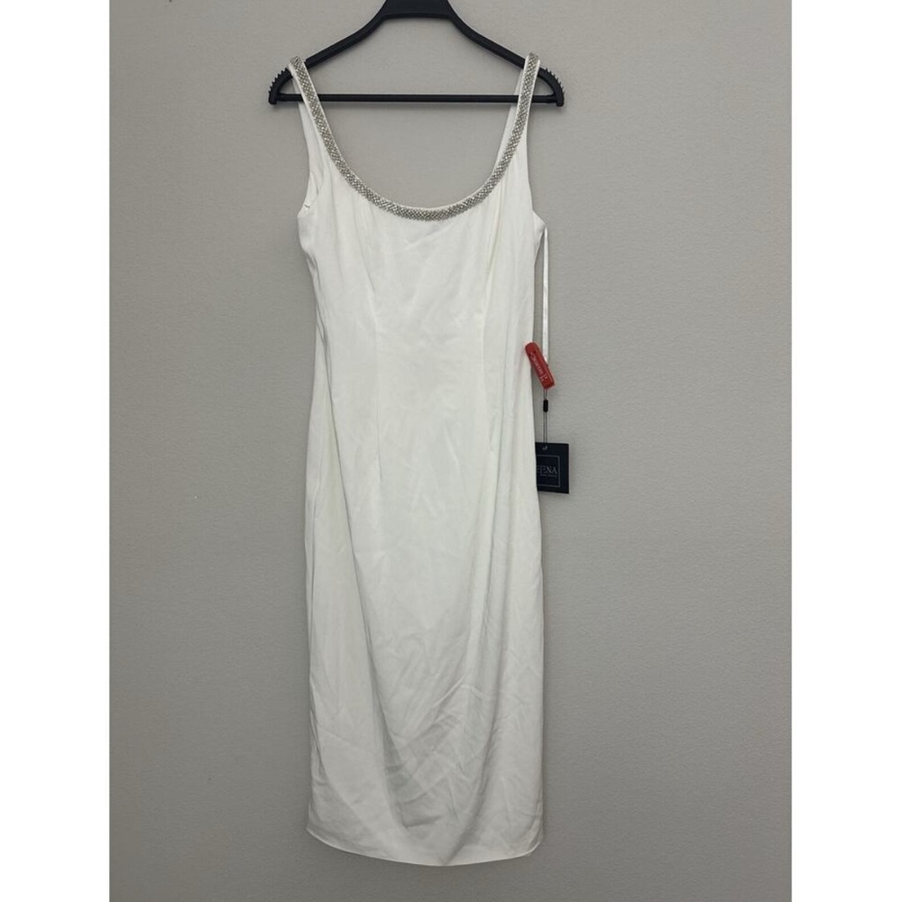 🆕 Ieena for Mac Duggal White Midi Dress with Silver Accents 🆕